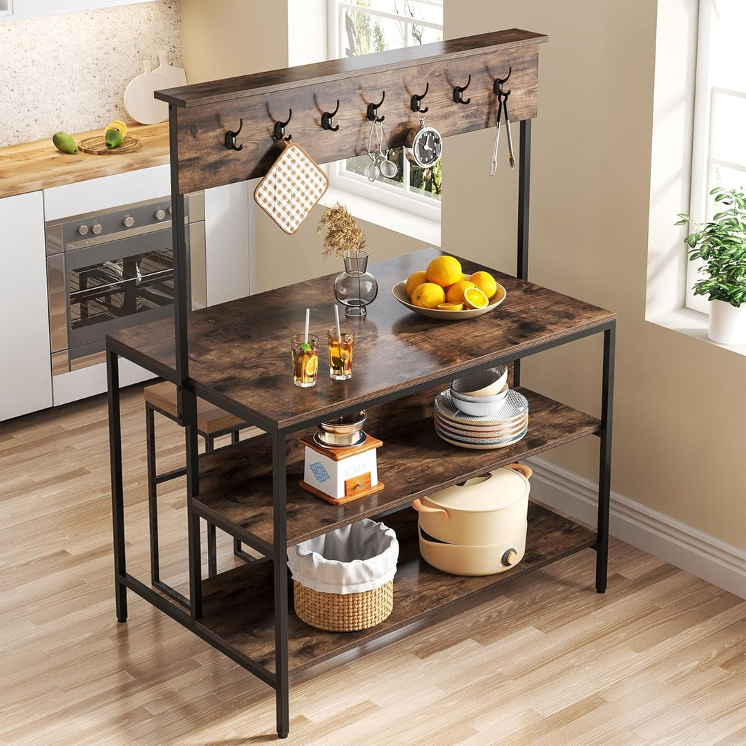 Tribesigns Kitchen Island Brown Industrial Table with 3 Shelves and Hanging Rod Image 2