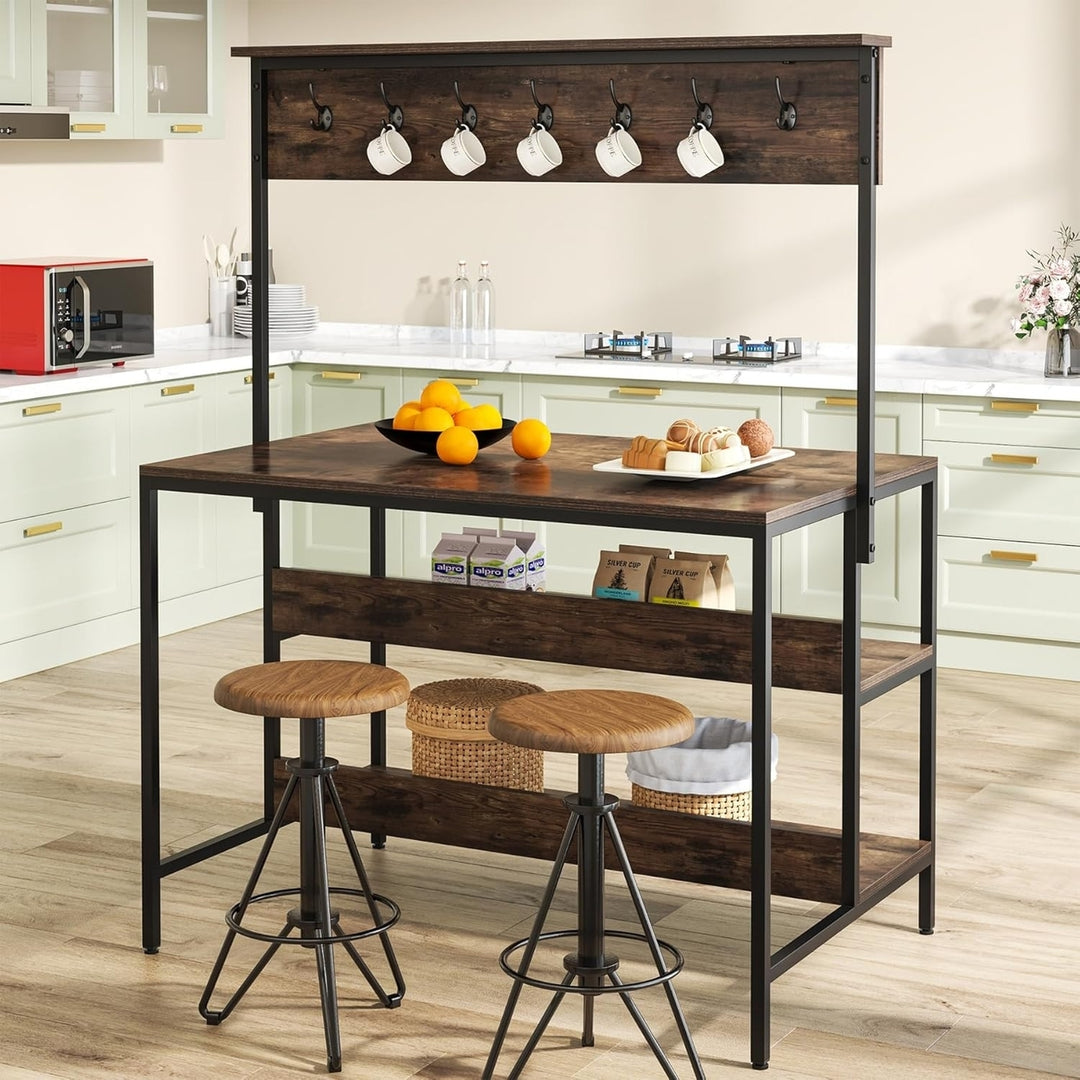 Tribesigns Kitchen Island Brown Industrial Table with 3 Shelves and Hanging Rod Image 3