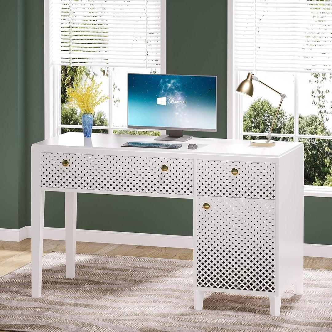 Tribesigns 47 Inch White Office Desk with Storage Cabinet and Drawers Modern Design Image 1