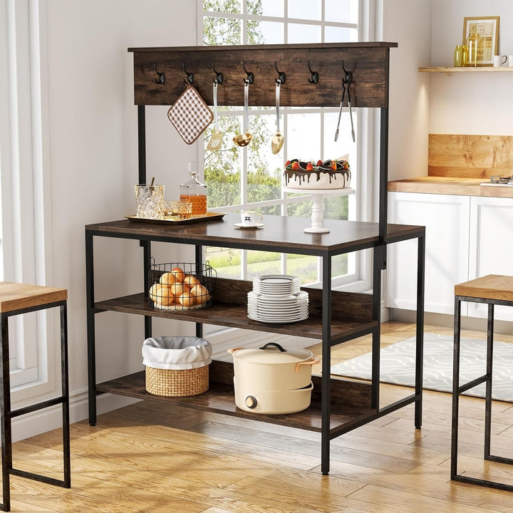 Tribesigns Kitchen Island Brown Industrial Table with 3 Shelves and Hanging Rod Image 4