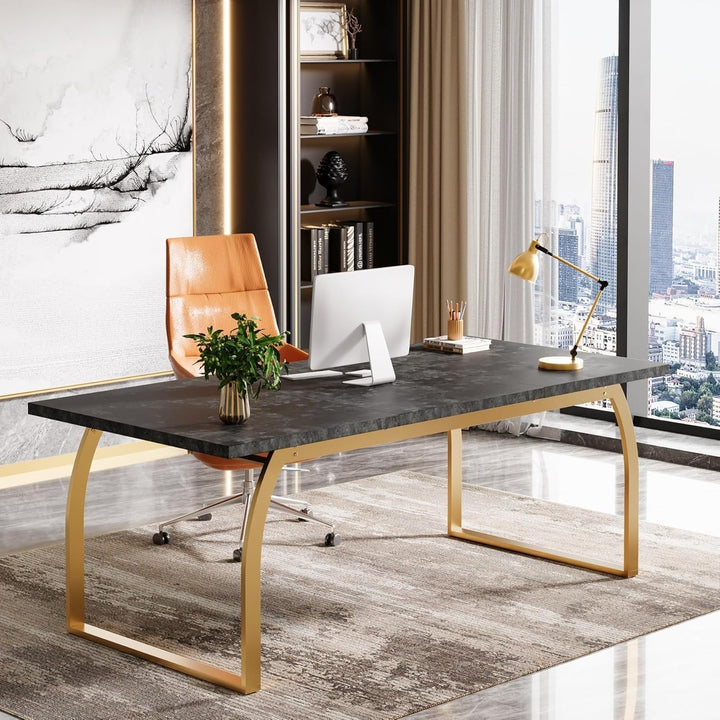 Tribesigns Modern Office Desk: 70.87 Inches Computer Executive Desk with Gold Metal Legs, Faux Marble Large Study Image 1