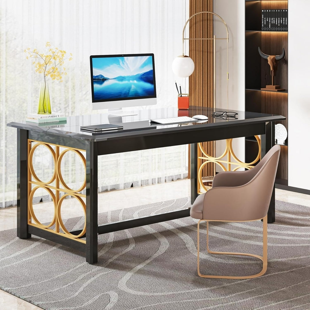 Tribesigns Modern 63" Executive Desk Large Glossy Home Office Computer Table Image 2