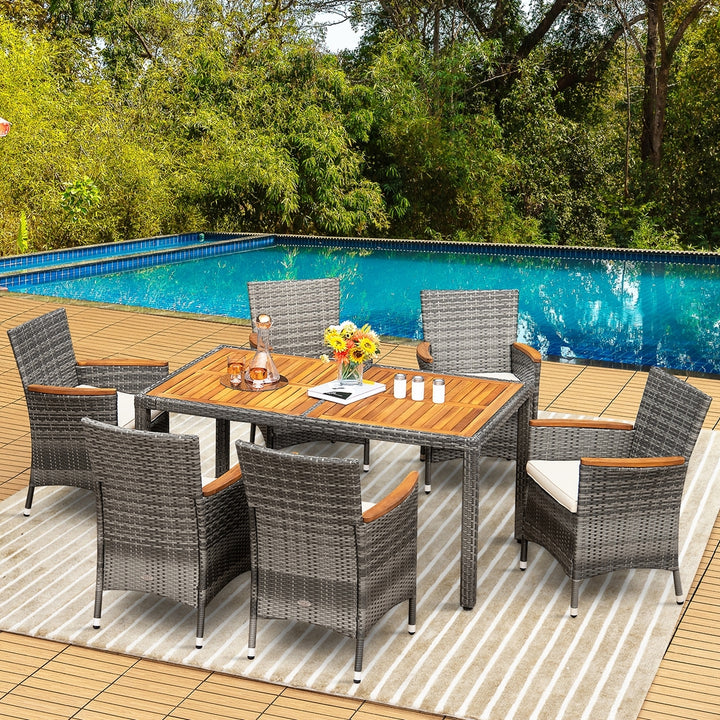 7PCS Patio Rattan Dining Set Acacia Wood Table Cushioned Chair Mix Gray Image 1