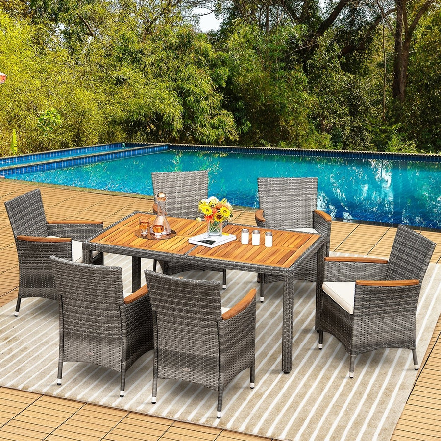 7PCS Patio Rattan Dining Set Acacia Wood Table Cushioned Chair Mix Gray Image 1