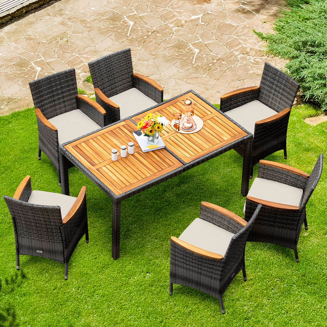 7PCS Patio Rattan Dining Set Acacia Wood Table Cushioned Chair Mix Gray Image 4