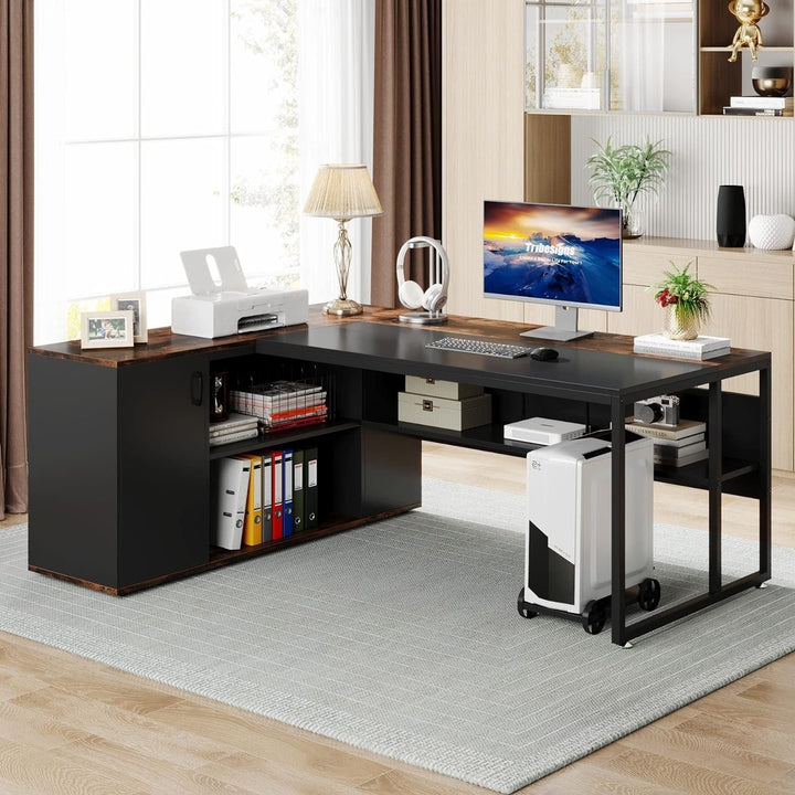 Tribesigns L Shaped Executive Desk 71 Inch with Storage Cabinet and Shelves Image 3