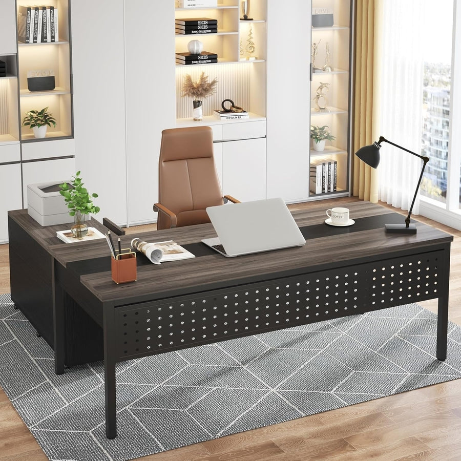 Tribesigns Lateral File Cabinet and 70.8" L-Shaped Executive Office Desk Black Grey Image 1