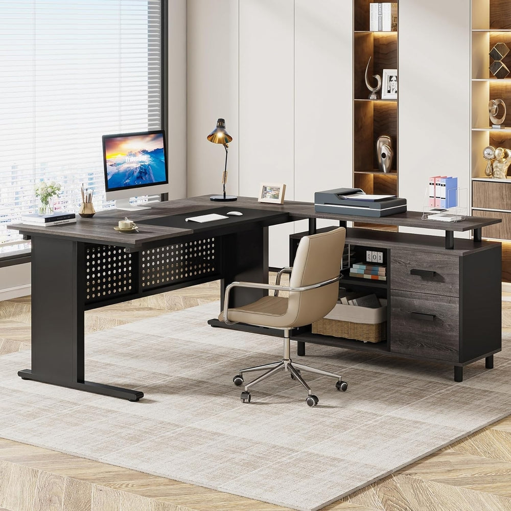 Tribesigns 63 Inch L Shaped Executive Desk with File Cabinet and Drawers Image 2