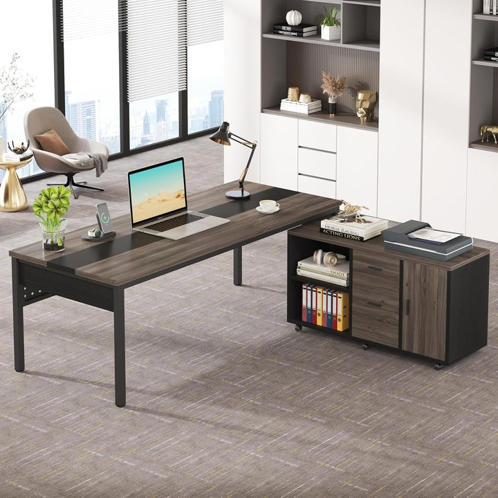 Tribesigns Lateral File Cabinet and 70.8" L-Shaped Executive Office Desk Black Grey Image 5