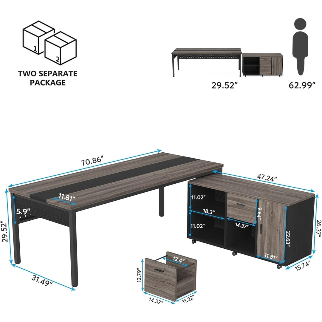 Tribesigns Lateral File Cabinet and 70.8" L-Shaped Executive Office Desk Black Grey Image 6