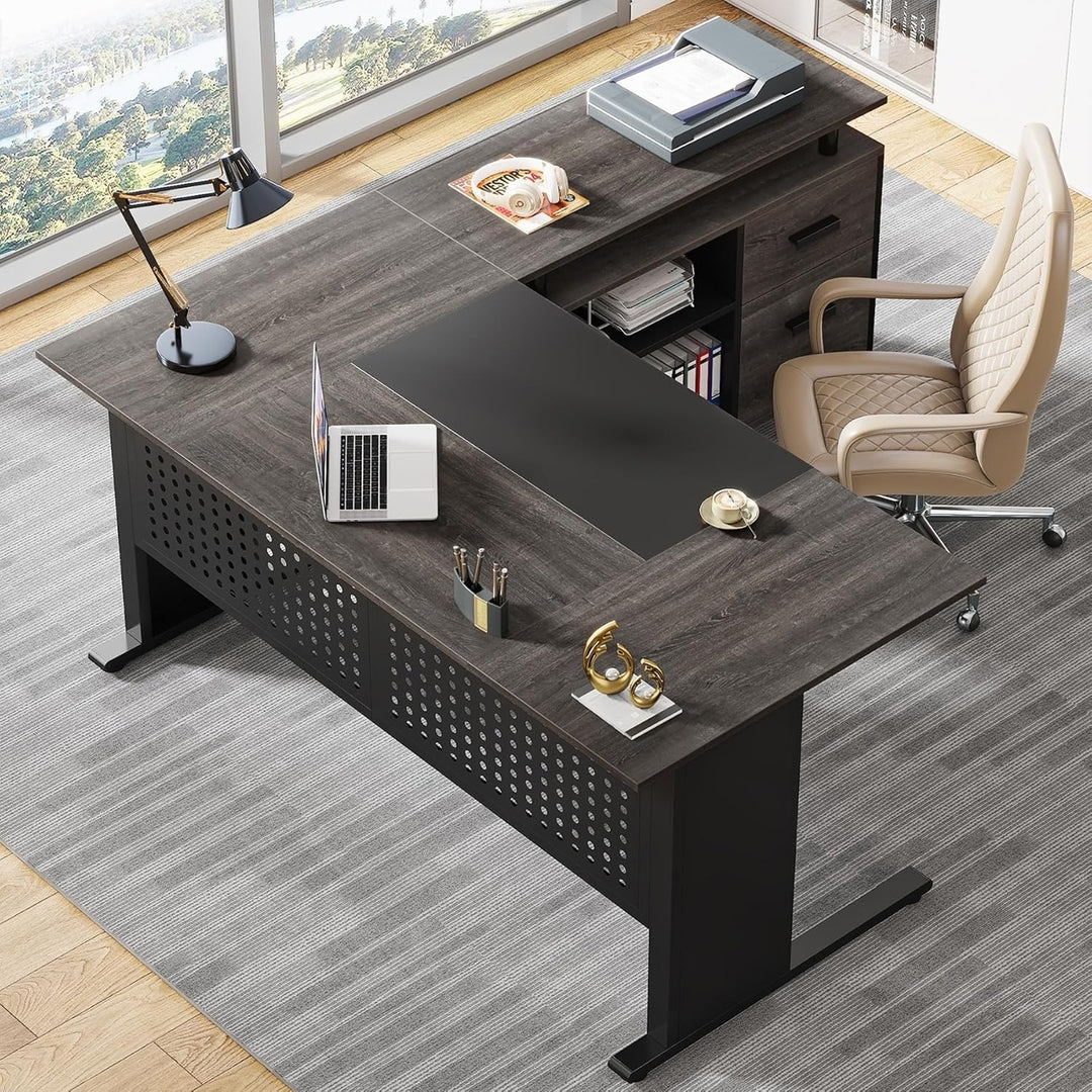 Tribesigns 63 Inch L Shaped Executive Desk with File Cabinet and Drawers Image 5