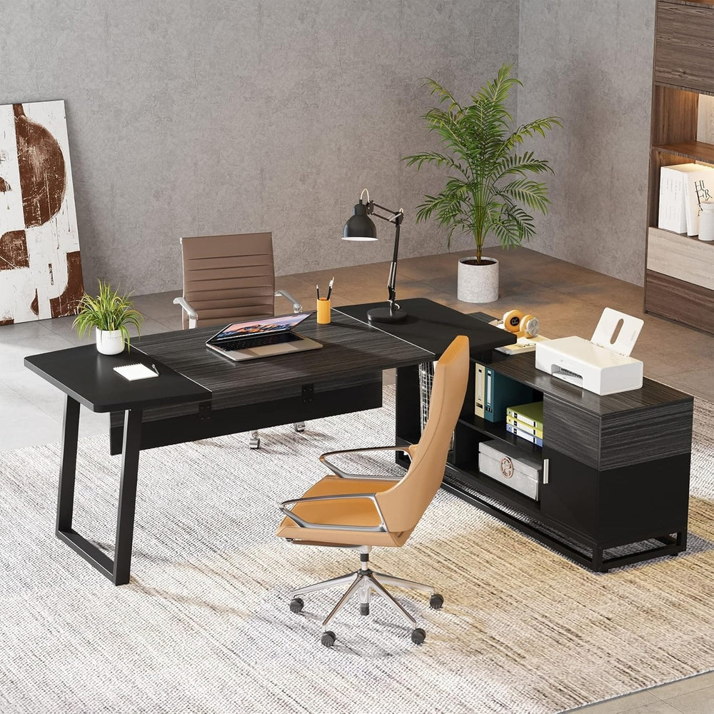 Tribesigns 74.8 L-Shaped Desk and 55 File Cabinet Walnut Home Office Set Image 2