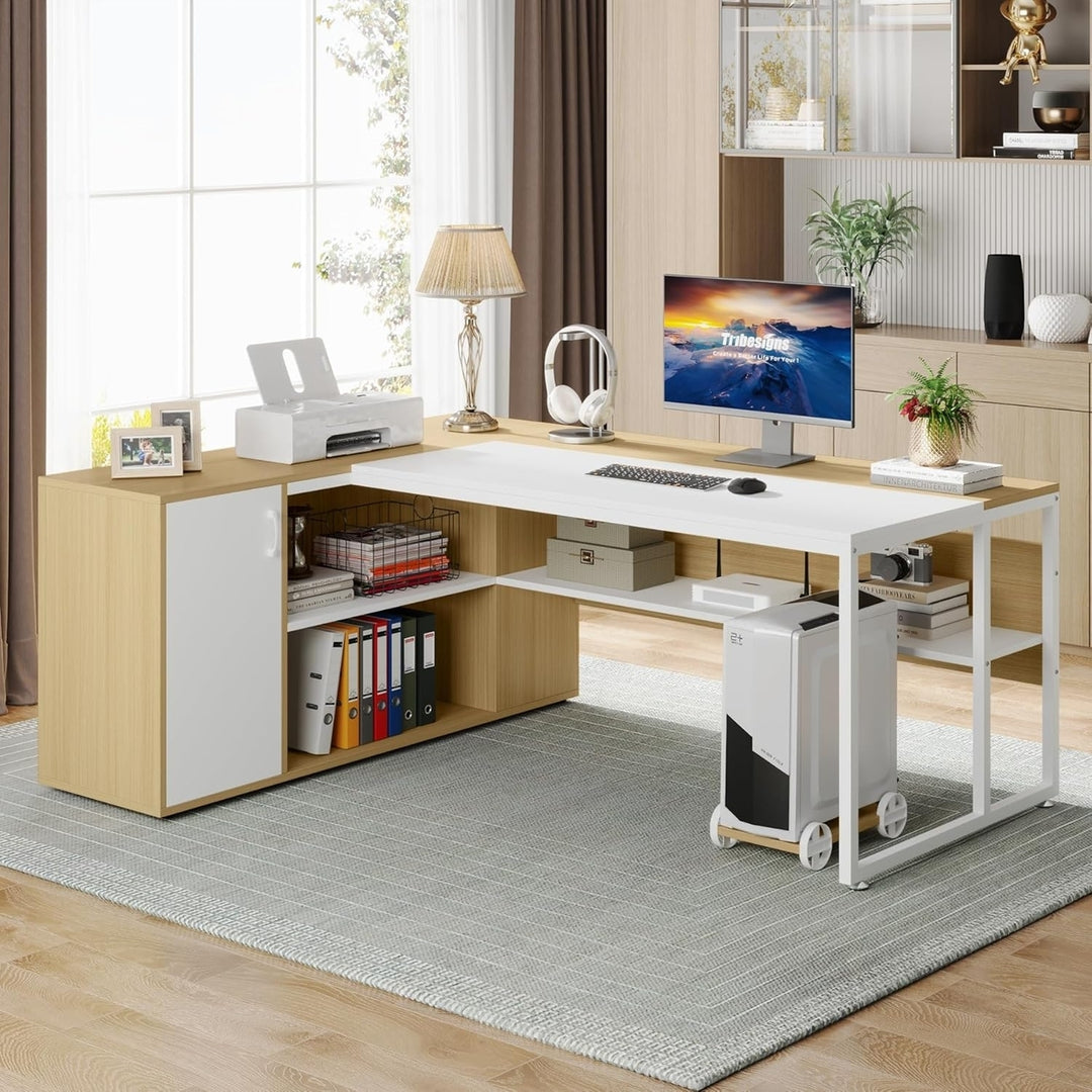 Tribesigns L Shaped Desk with Cabinet Storage, 71 inch Executive Office Desk with Shelves, Business Furniture Desk for Image 4