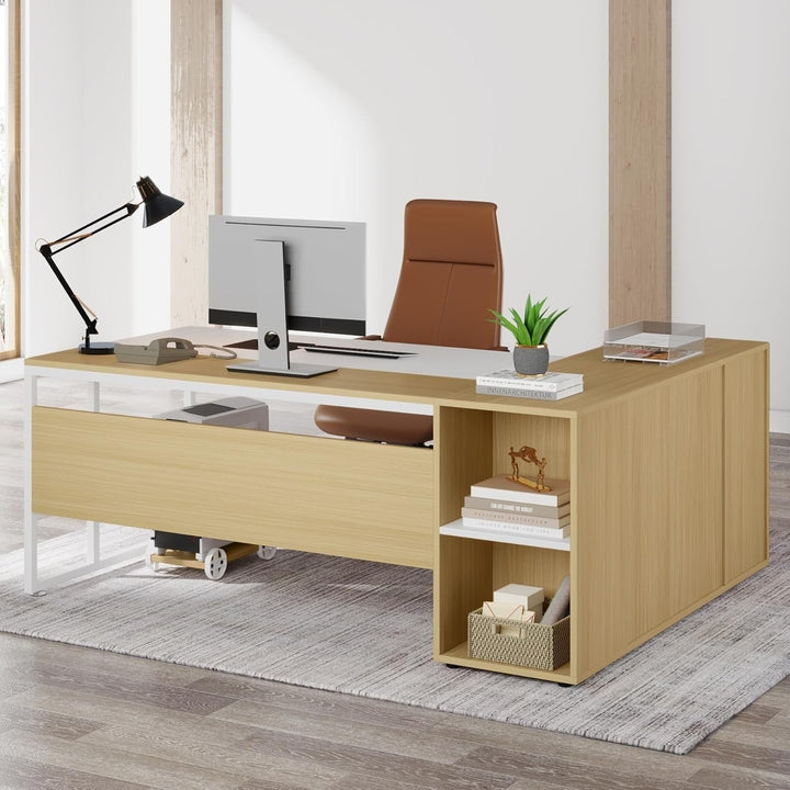 Tribesigns L Shaped Desk with Cabinet Storage, 71 inch Executive Office Desk with Shelves, Business Furniture Desk for Image 5