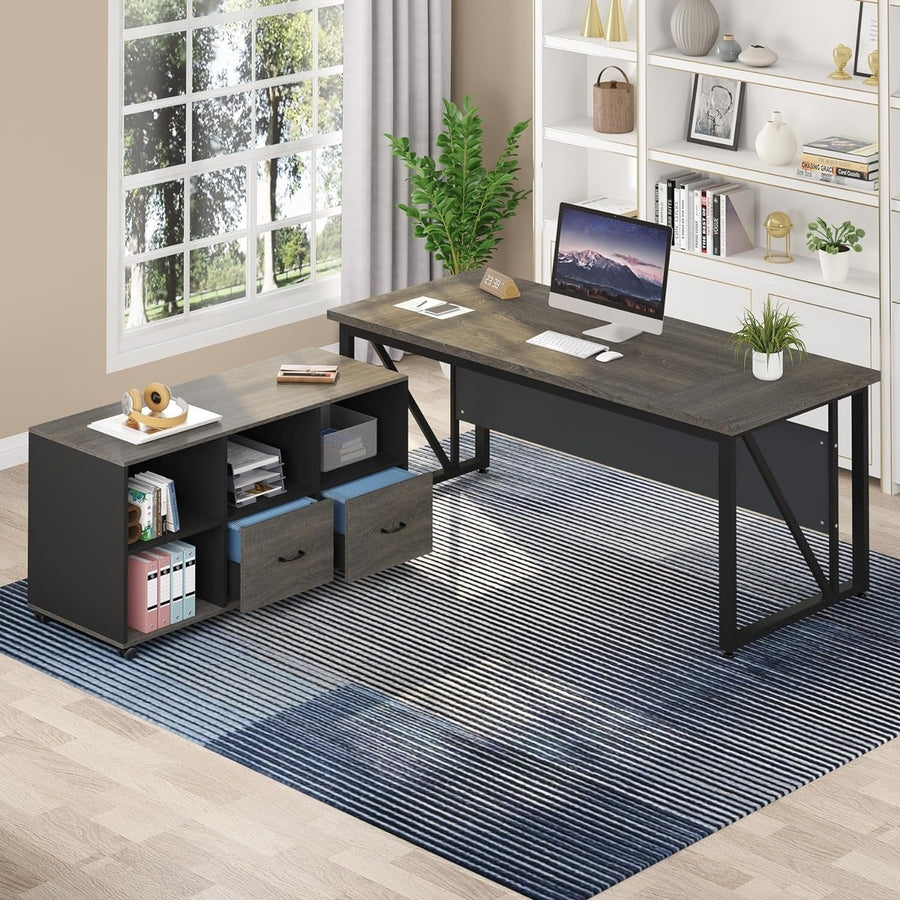 Tribesigns 63-Inch Executive Desk with 47-Inch Mobile File Cabinet, L-Shaped Computer Desk with Drawers and Storage Image 1