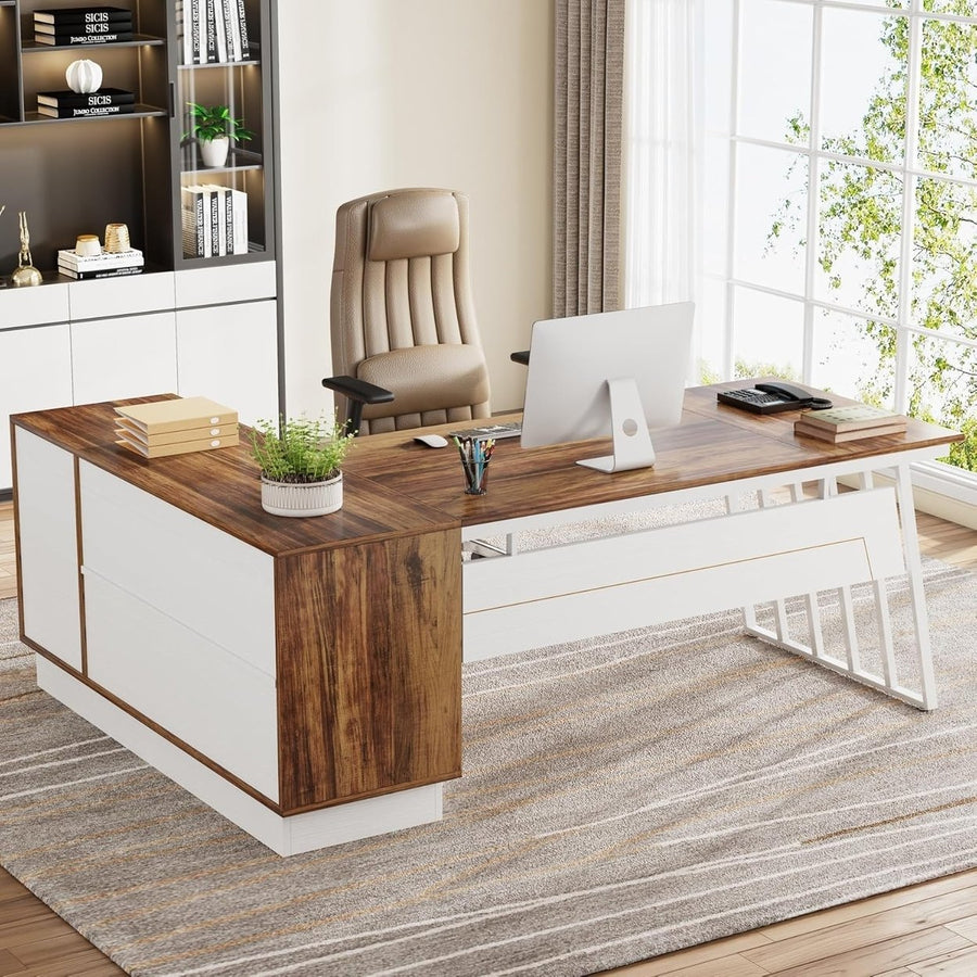 Tribesigns 71-Inch L-Shaped Executive Desk Walnut White Large Office Desk Storage Image 1