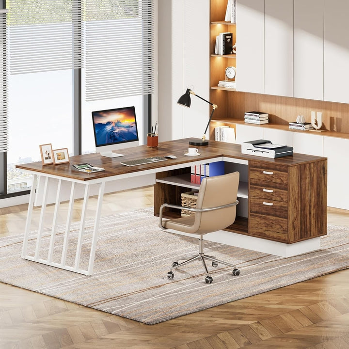 Tribesigns 71-Inch L-Shaped Executive Desk Walnut White Large Office Desk Storage Image 2