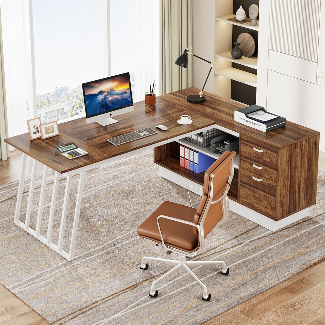 Tribesigns 71-Inch L-Shaped Executive Desk Walnut White Large Office Desk Storage Image 3