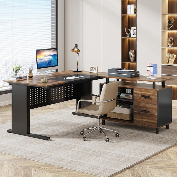 Tribesigns 63 Inch L Shaped Desk with File Cabinet and Storage Shelves Home Office Image 2