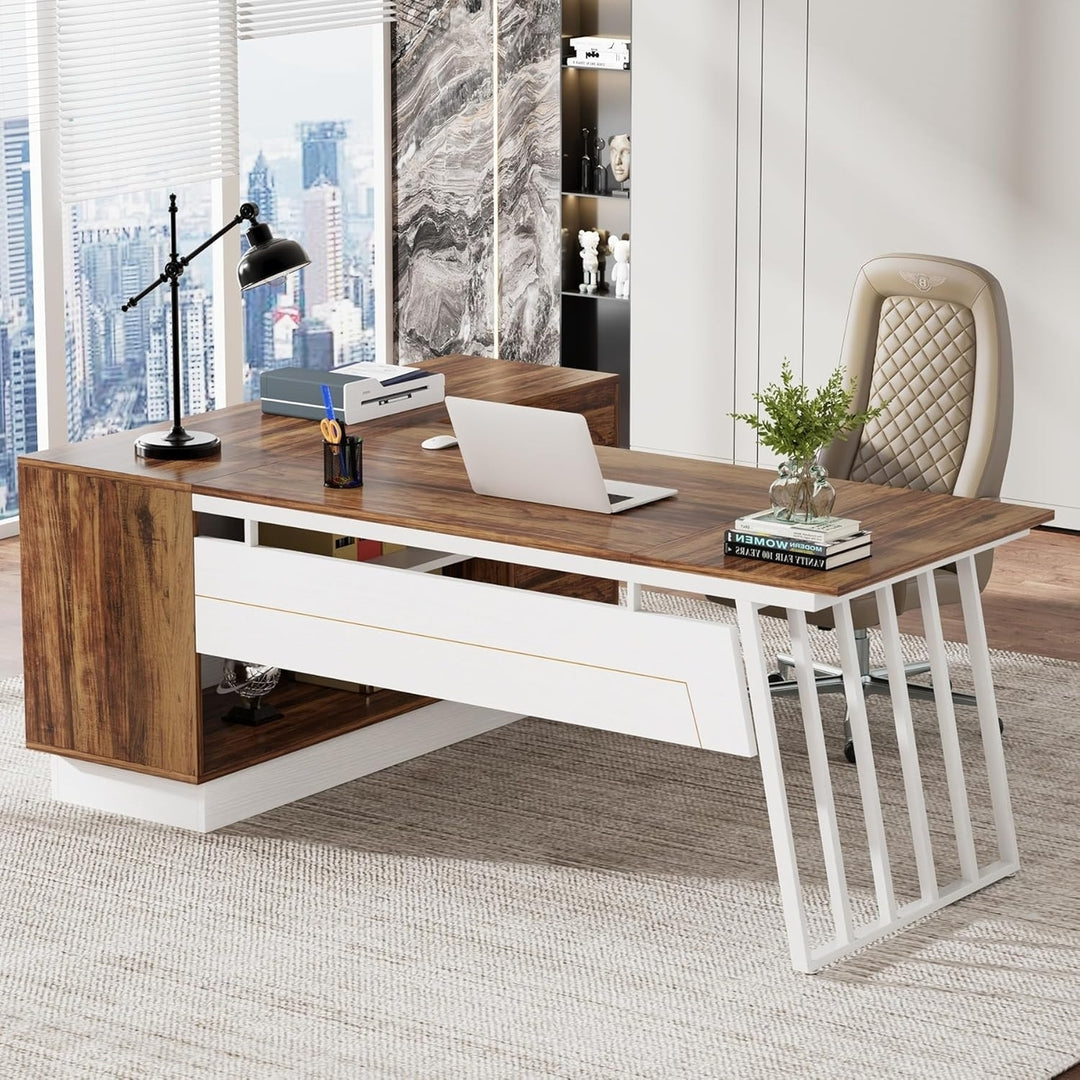 Tribesigns 71-Inch L-Shaped Executive Desk Walnut White Large Office Desk Storage Image 4