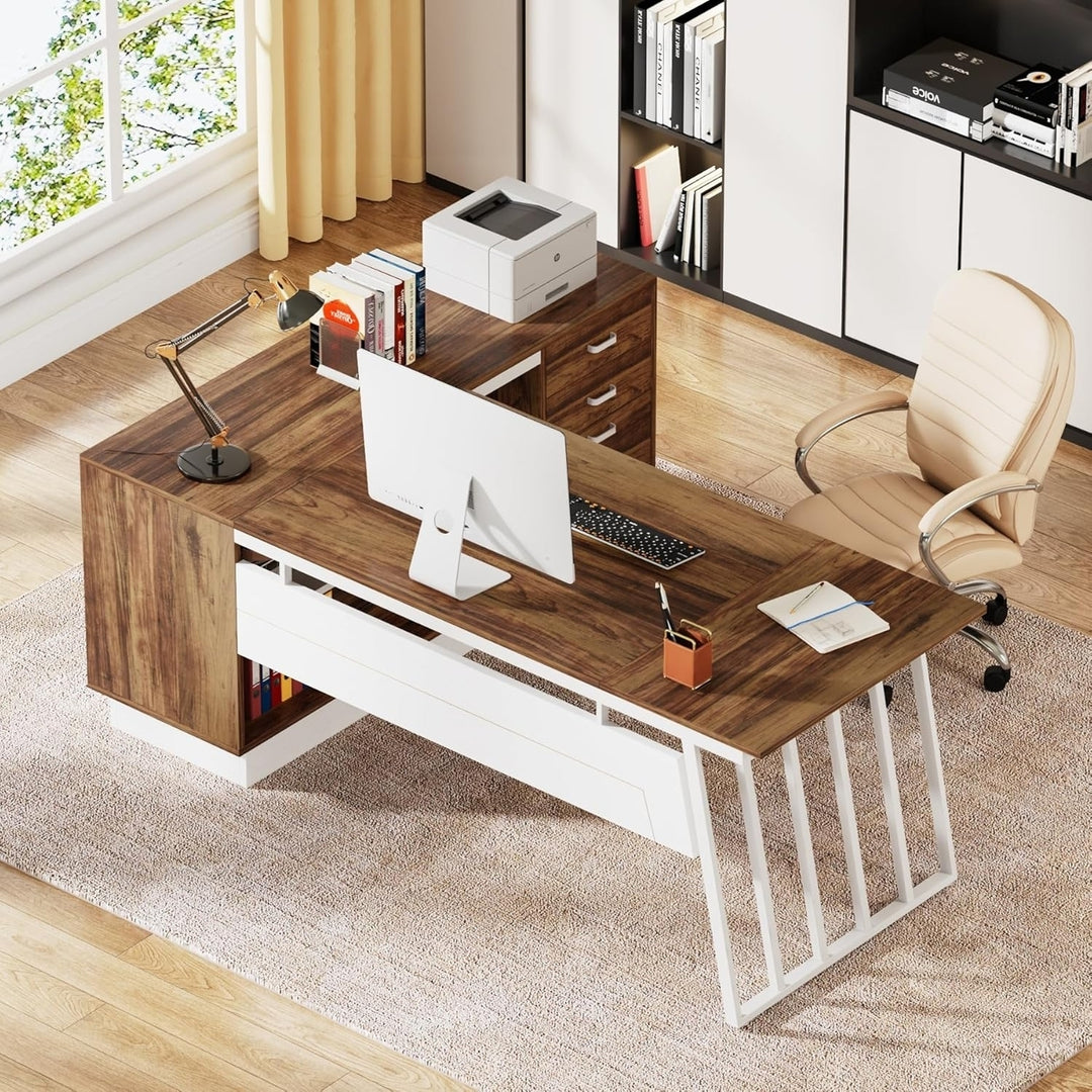 Tribesigns 71-Inch L-Shaped Executive Desk Walnut White Large Office Desk Storage Image 5