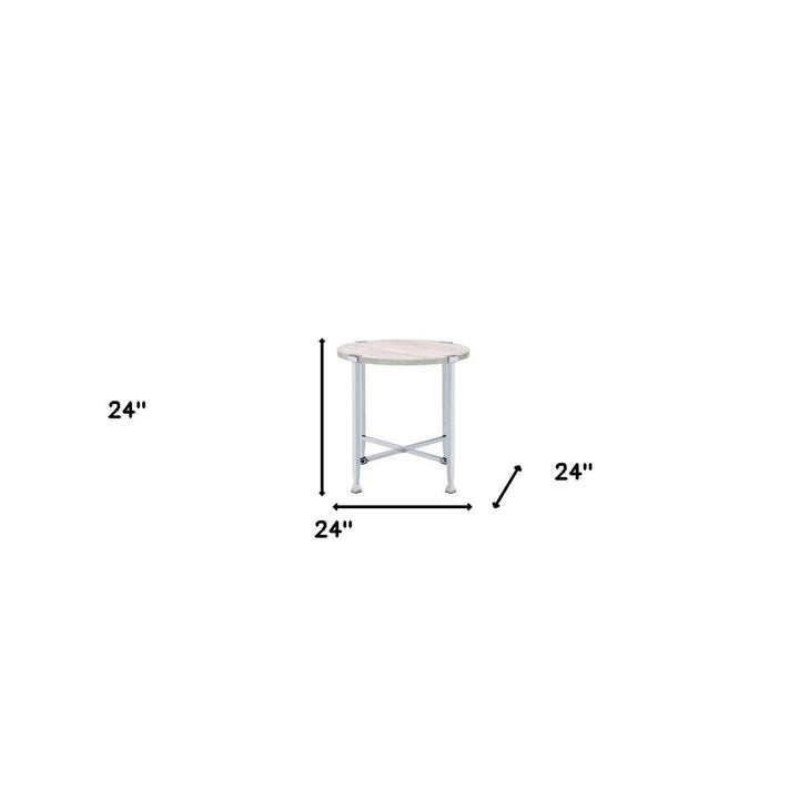 24" Chrome And White Oak Manufactured Wood And Metal Round End Table Image 2