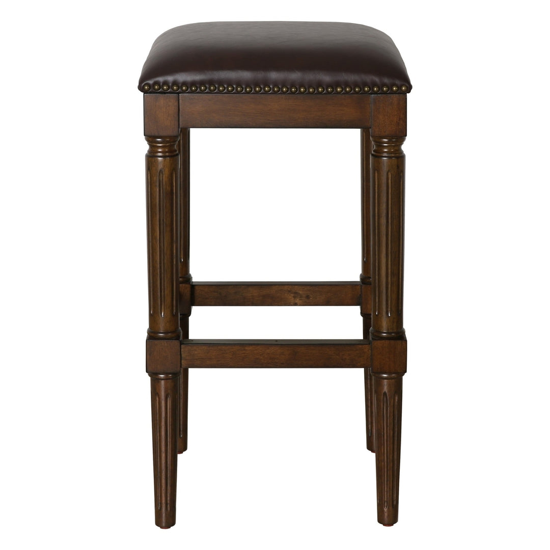 31" Brown And Dark Brown Solid Wood Backless Bar Height Bar Chair Image 2