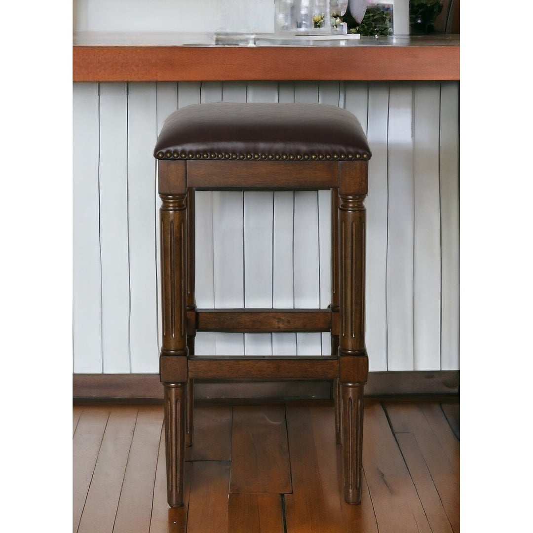 31" Brown And Dark Brown Solid Wood Backless Bar Height Bar Chair Image 7