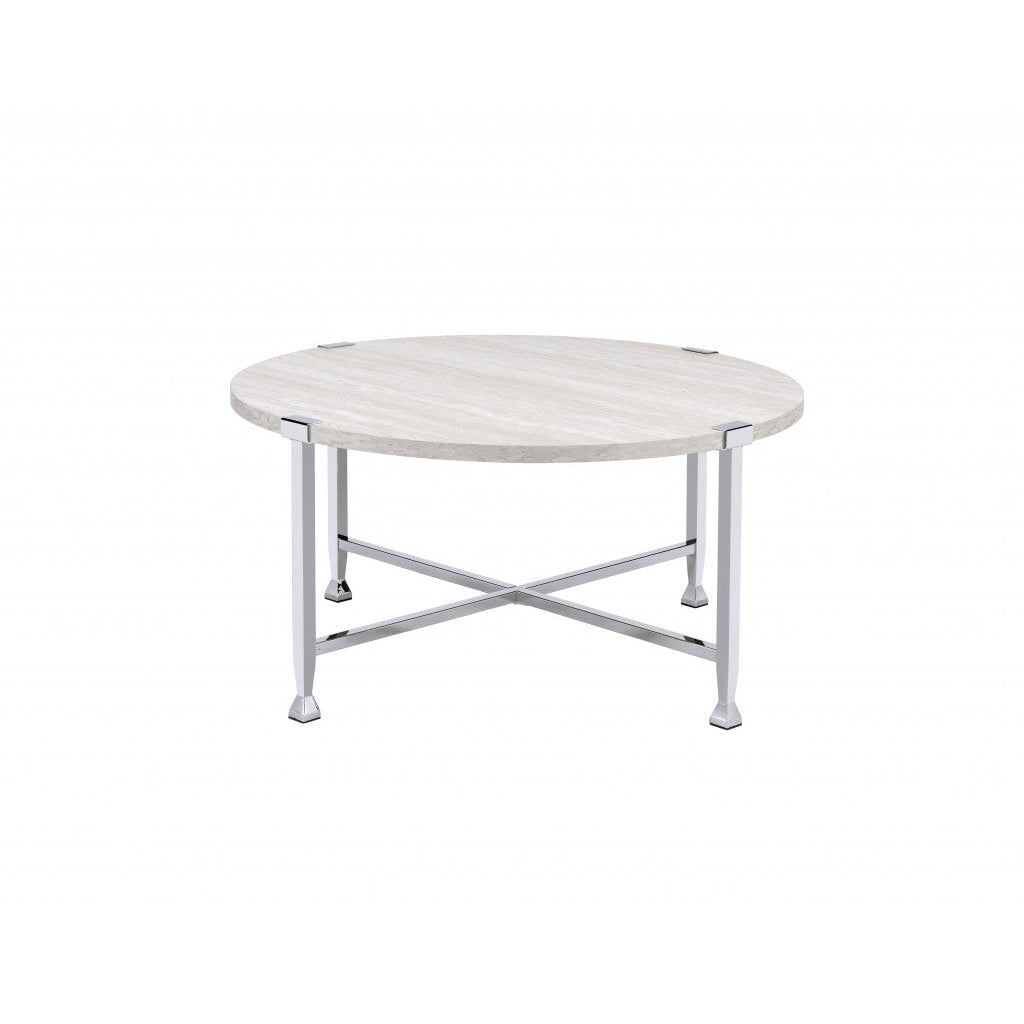 36" Chrome And White Oak Round Coffee Table Image 1