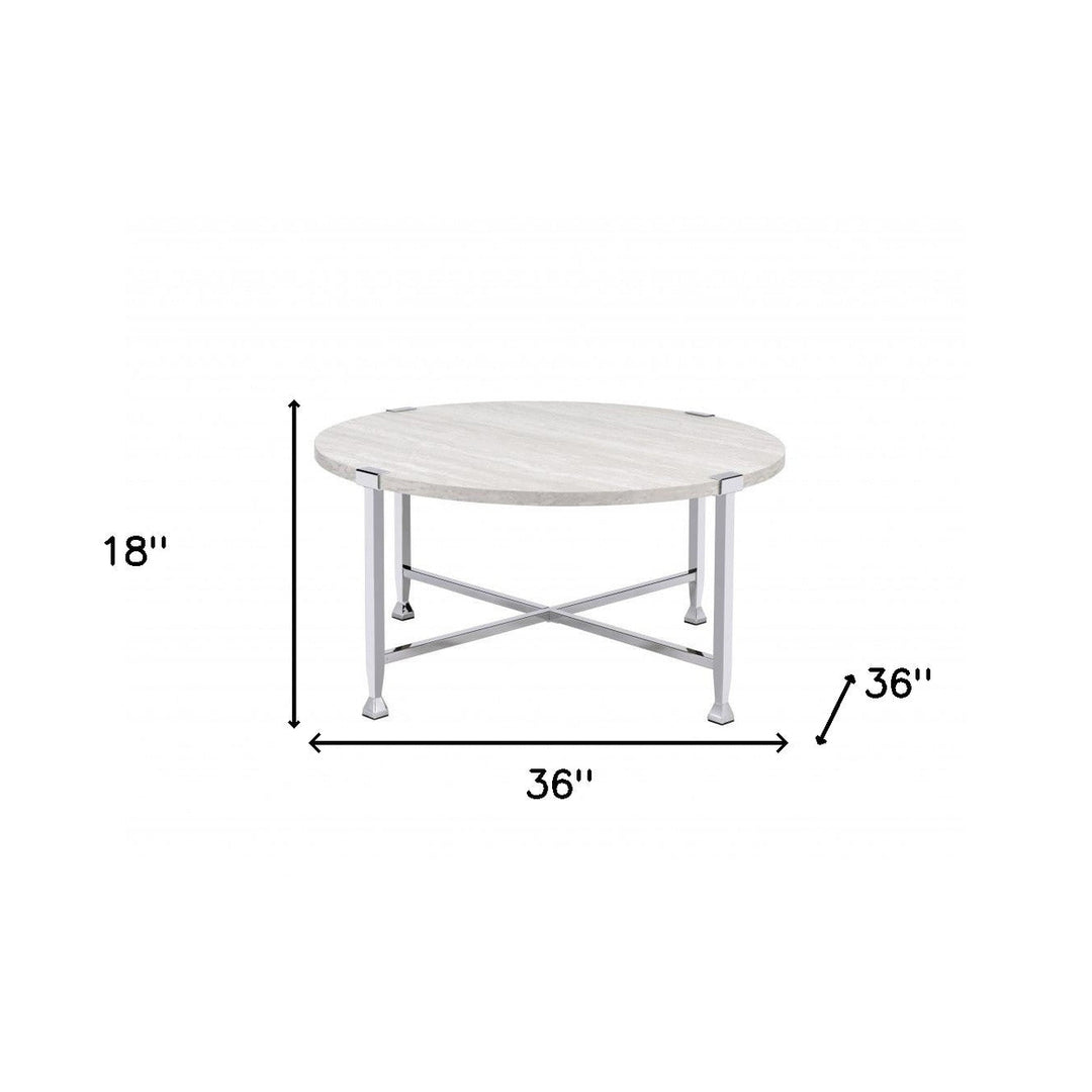 36" Chrome And White Oak Round Coffee Table Image 2