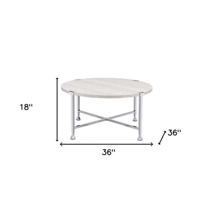 36" Chrome And White Oak Round Coffee Table Image 2