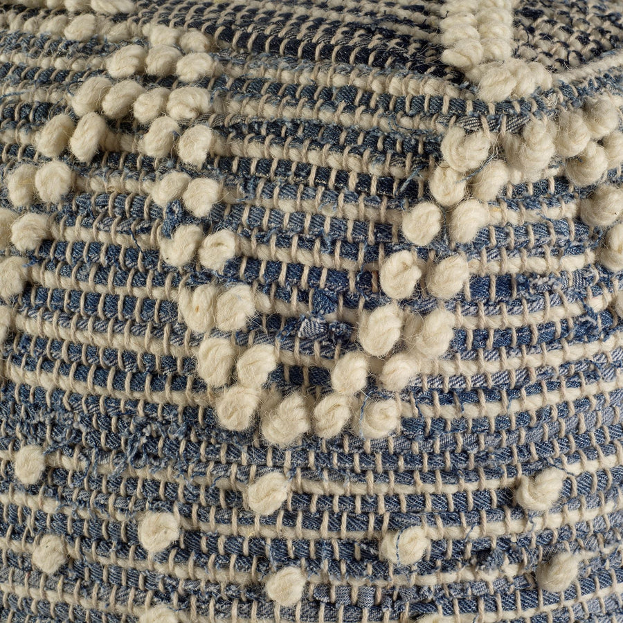 Blue Denim And Ivory Square Pouf With Cotton Stitched Image 1