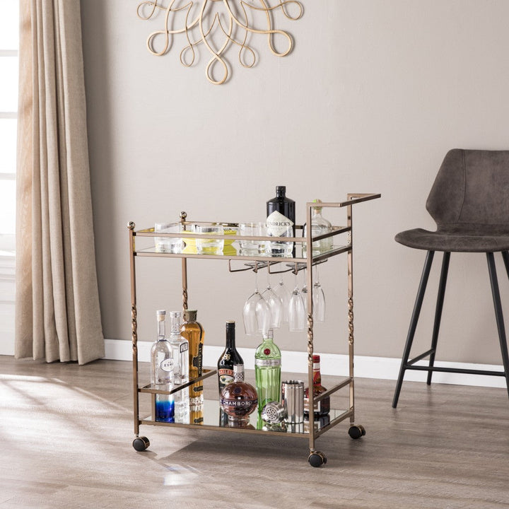 Champagne Metal And Mirrored Glass Bar Cart With Wine Storage Image 1