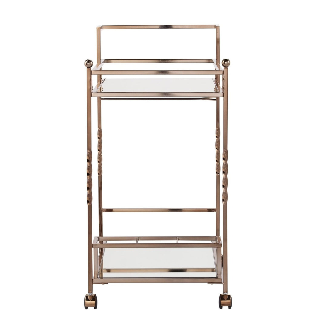 Champagne Metal And Mirrored Glass Bar Cart With Wine Storage Image 2