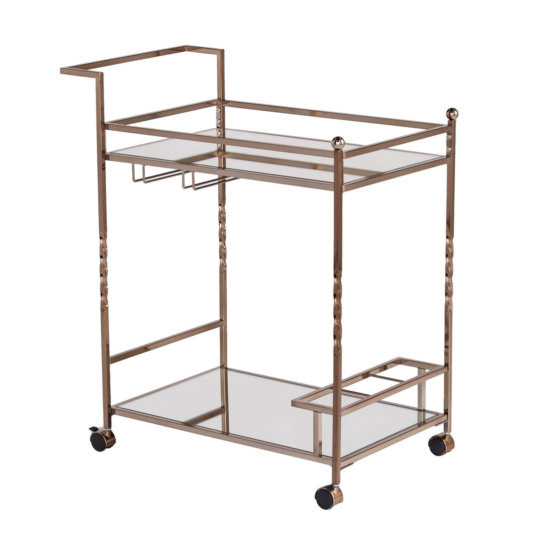 Champagne Metal And Mirrored Glass Bar Cart With Wine Storage Image 3