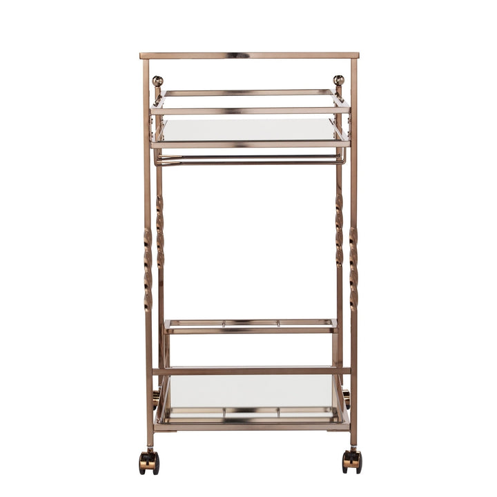 Champagne Metal And Mirrored Glass Bar Cart With Wine Storage Image 6