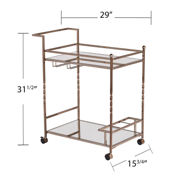 Champagne Metal And Mirrored Glass Bar Cart With Wine Storage Image 9