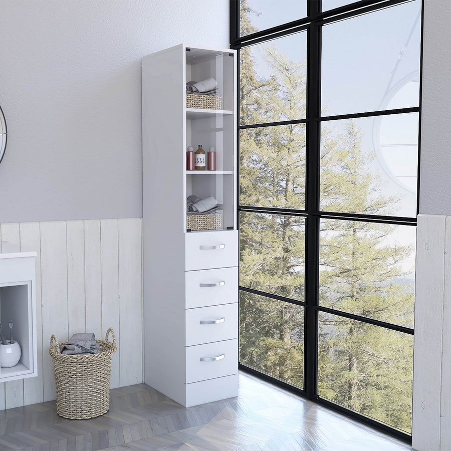 White Bathroom Storage Cabinet with Glass Door and Sliding Drawers Image 1