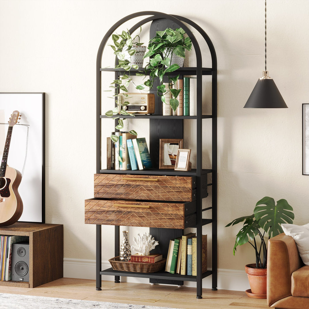 Tribesigns 4-Tier Bookshelf Black Industrial 70.8" Tall Storage Shelf with Drawers Image 1