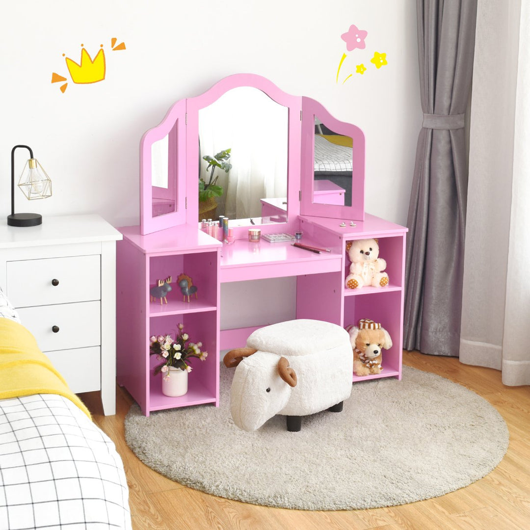 Costway Vanity Table Set Makeup Dressing Kids Girls Study Table Tri Folding Mirror WhitePink Image 1