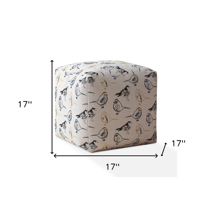 17" Yellow and White Canvas Birds Pouf Ottoman Image 3