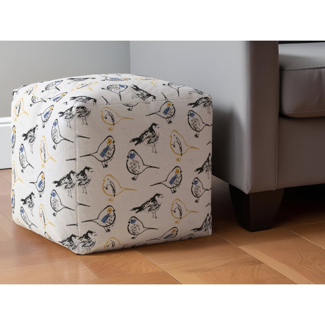 17" Yellow and White Canvas Birds Pouf Ottoman Image 5