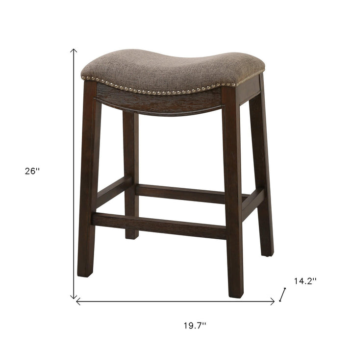 26" Taupe And Wood Brown Fabric And Solid Wood Backless Counter Height Bar Chair Image 4