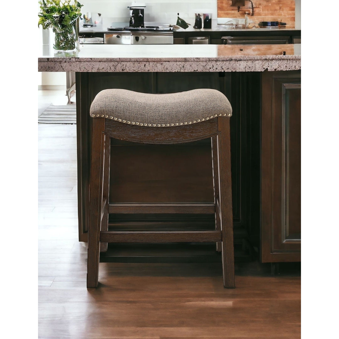 26" Taupe And Wood Brown Fabric And Solid Wood Backless Counter Height Bar Chair Image 5