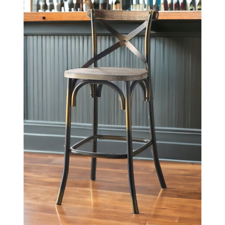 43" Oak And Black and Gold Solid Wood And Metal Bar Height Bar Chair Image 9