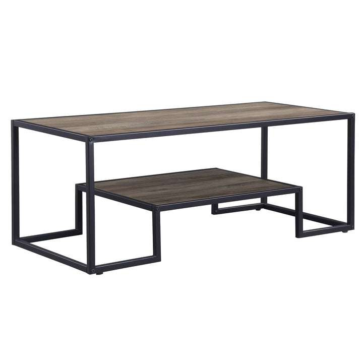 45" Black And Rustic Oak Paper Veneer And Metal Rectangular Coffee Table With Shelf Image 1