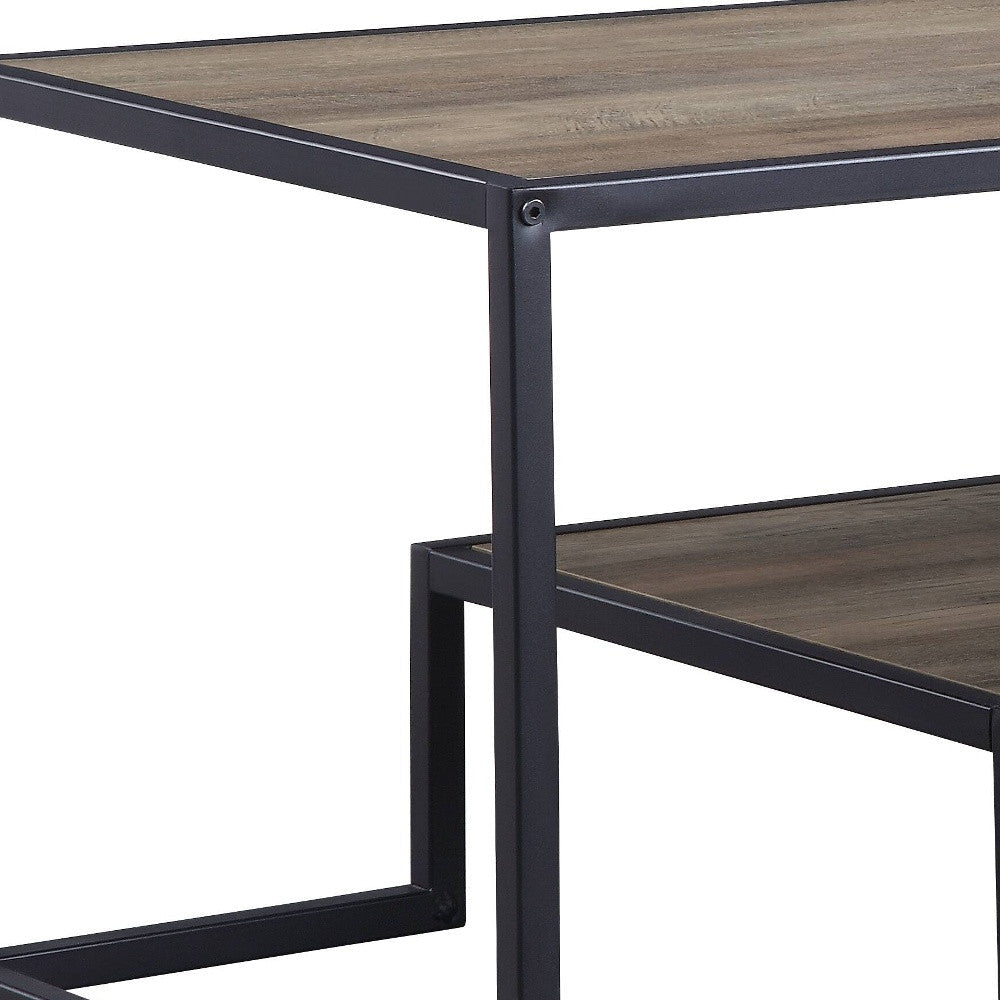 45" Black And Rustic Oak Paper Veneer And Metal Rectangular Coffee Table With Shelf Image 2