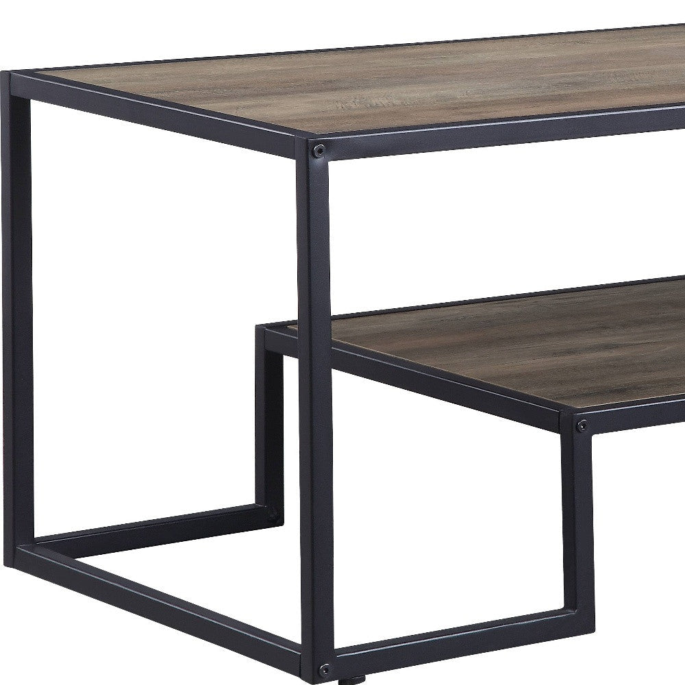 45" Black And Rustic Oak Paper Veneer And Metal Rectangular Coffee Table With Shelf Image 3