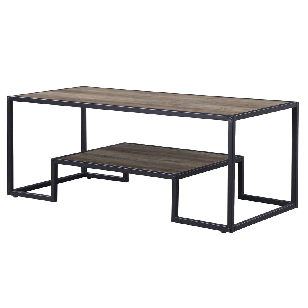 45" Black And Rustic Oak Paper Veneer And Metal Rectangular Coffee Table With Shelf Image 4