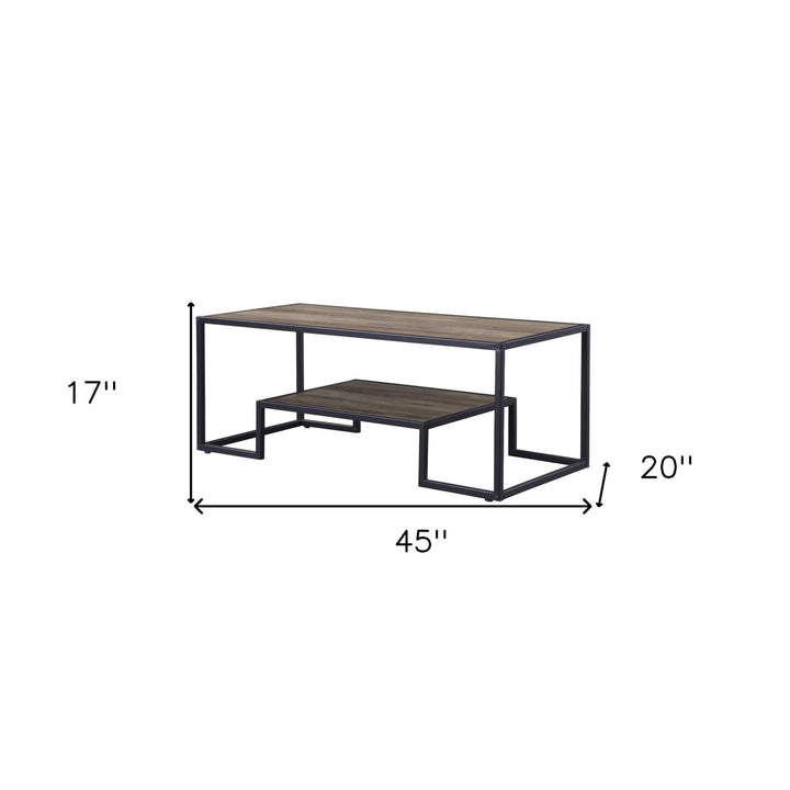 45" Black And Rustic Oak Paper Veneer And Metal Rectangular Coffee Table With Shelf Image 6